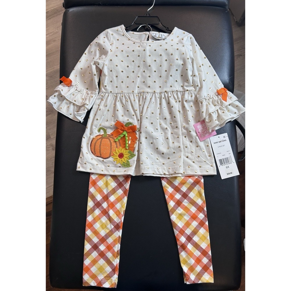 Rare Editions Girls Pumpkin Sunflower Polka Dot Plaid 2 Piece Fall Outfit Set 6X